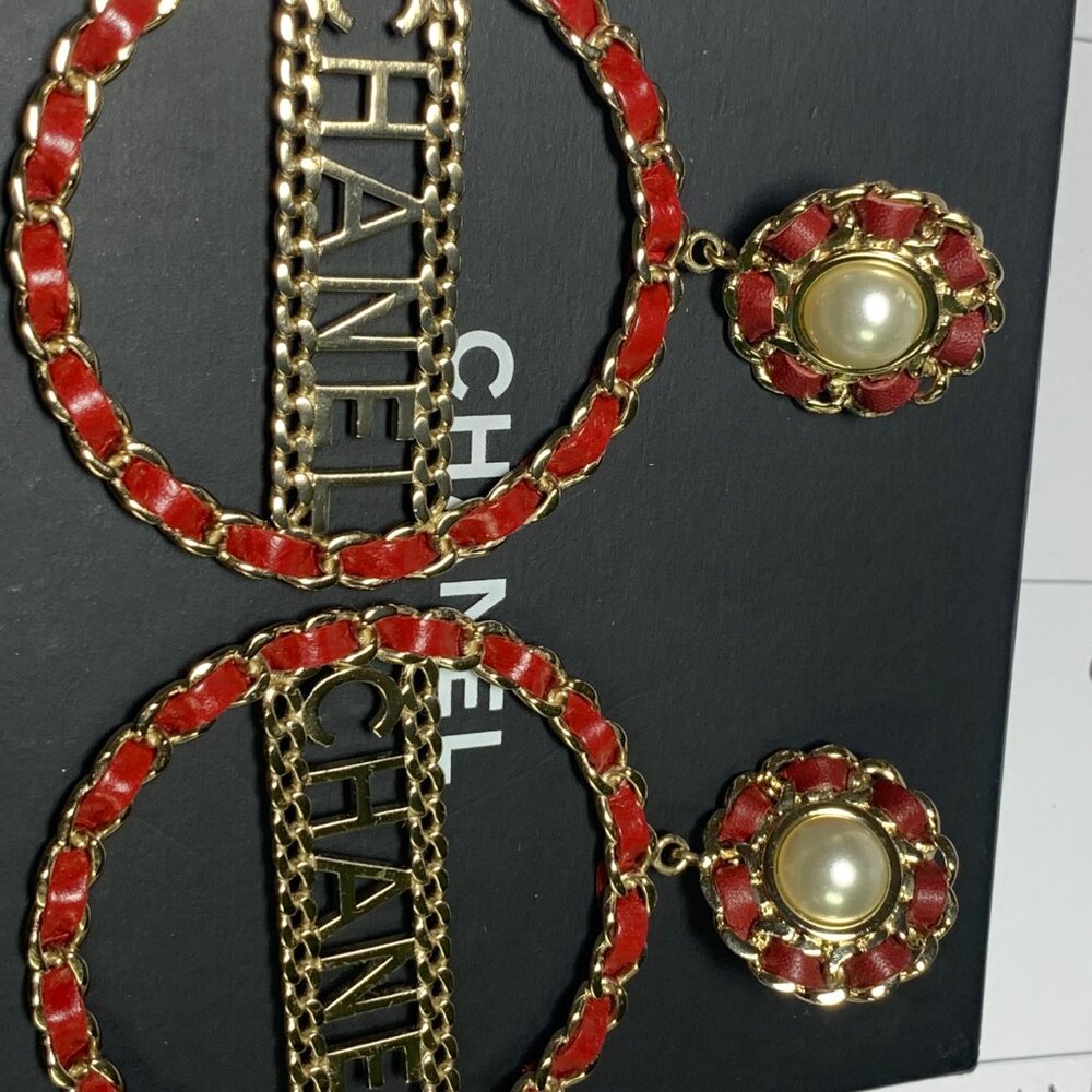 Chanel Red Leather and Gold Chain CHANEL Hoop Pearl Earrings  929 shipped Pearl - Picture 3 of 6